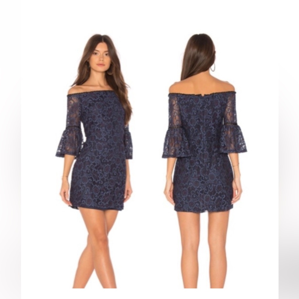 Navy Blue Lace Floral Dress Off The Shoulder